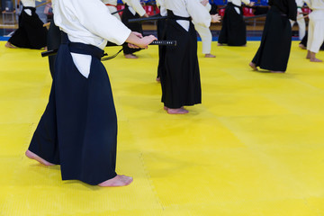 People in kimono on martial arts weapon training seminar