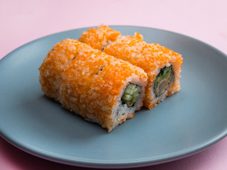 Sushi roll with shrimp on a plate