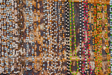 Necklaces for sale, Mengkak Iban Longhouse, Batang Ai National Park, Sarawak, Malaysian Borneo, Malaysia.