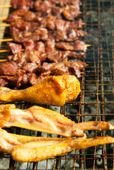 Satay skewers and chicken leg, Kuching, Sarawak, Malaysian Borneo, Malaysia.