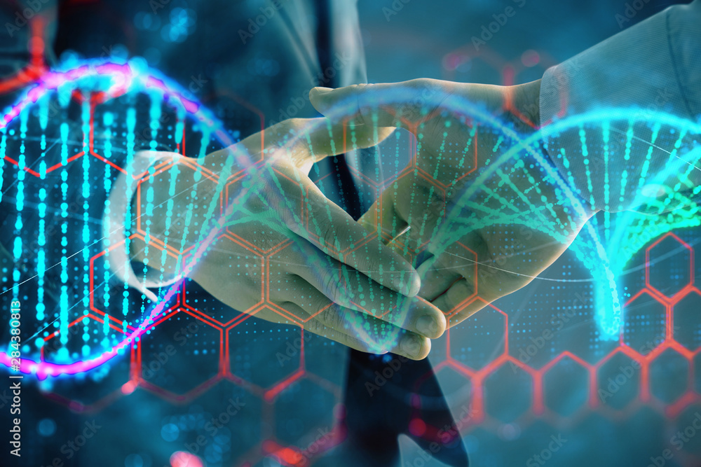 Poster multi exposure of dna hologram on abstract background with two men handshake. concept of bioengineer