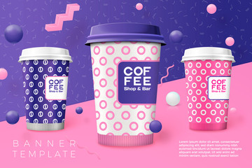 Vector 3d realistic abstract scene with text and border, coffee cups, pink, white, violet balls and objects.