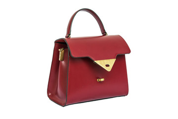 Open red women's bag, white background, isolated