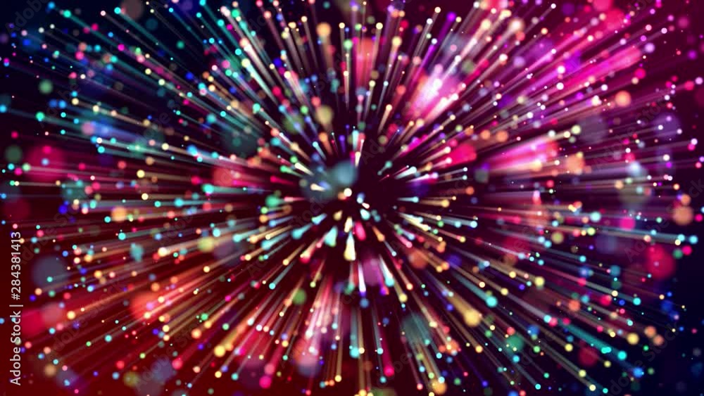 Poster 4k abstract background with multicolor light rays like laser show, with shining bokeh sparkling part