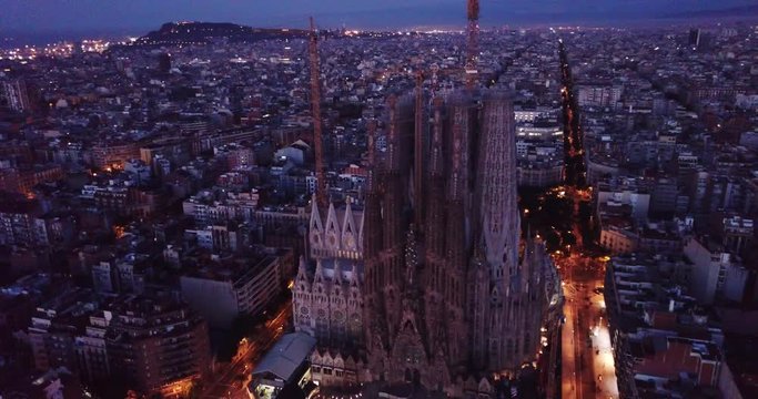 Barcelona, Spain - June 12, 2019: Temple Sagrada Familia at night from a drone. Barcelona