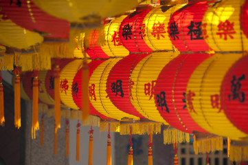 Malaysia, Island of Penang. Kek Lok Si Temple, largest temple in Southeast Asia. Red and yellow Chinese lanterns hung for New Year Celebrations.