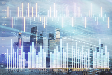 Multi exposure of financial chart on Moscow city downtown background. Concept of stock market analysis