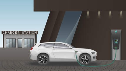 Realistic electric car on charger station. Charger station for electric car. Vector illustration