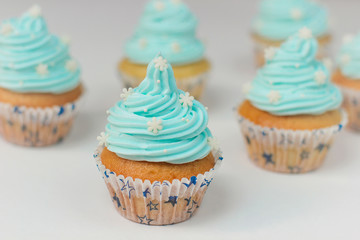 Cupcake decorated with sugar snowflakes and blue cream.Christmas cupcakes