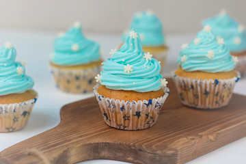 Cupcake decorated with sugar snowflakes and blue cream.Christmas winter cupcakes