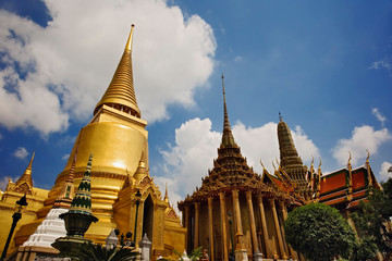 Upward view of The Phra Si Rattana Chedi, The Phra Mondop, and The Royal Pantheon, Wat Phra Kaeo, Bangkok, Thailand
