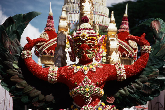 Thailand, Bangkok, Silom, Parade float of dried flowers