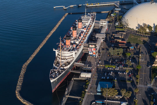 Aerial View Of The Historic Queen Mary Cruise Ship Hotel And Event Center On August 16, 2016 In Long Beach, California, USA.