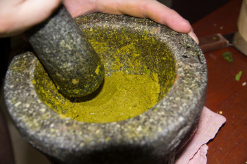 Thailand, Chiang Mai. Thai cooking school, green curry paste.