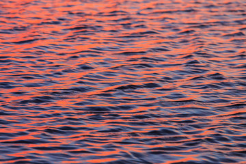 Sunset colors and patterns on small waves in water.