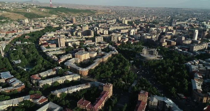 View over the city of Yerevan, capital of Armenia, with the two peaks of the Mount Ararat in the background, at the sunrise.