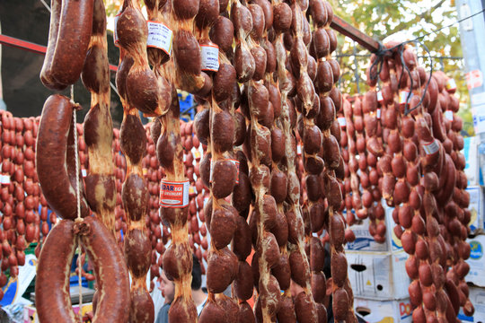 Turkey, Izmir Province, Kusadasi. Meat Vendor At Outdoor Market.