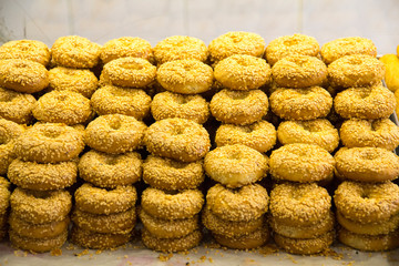 Turkey, Gaziantep. Simit bakery. Turkish sesame bread, often referred to as a 'Turkish bagel', is called Simit or gevrek. The circular roll or bread is topped with sesame, poppy or sunflower seeds.