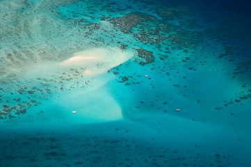Upolu Cay and Dive Boats, Upolu Cay National Park, Great Barrier Reef Marine Park, North Queensland, Australia - aerial