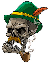 Cartoon detailed realistic colorful scary human skull bavarian traditional hat with feather, mustache and tobacco pipe. Isolated on white background. Vector icon.