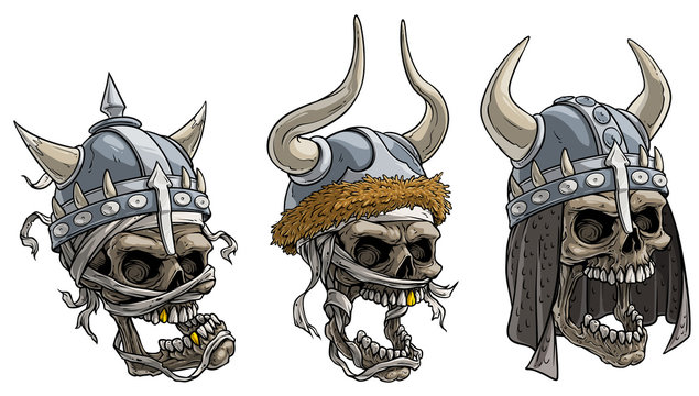 Cartoon detailed realistic colorful scary viking warrior skulls in metal helmet with horns, fur, and bandage. Isolated on white background. Vector icon set.