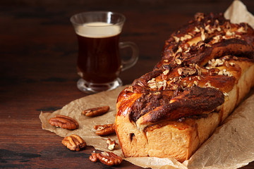 Chocolate yeast cake babka with pecans