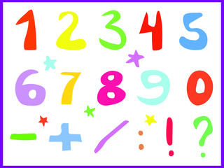 Vector set of colorful numbers and signs for children's creativity and design. Mathematical multi-colors symbols and numbers in on white background