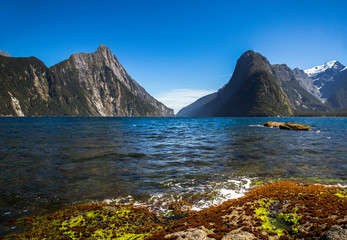 View of Mitre Peak and Milford Sound, South Island, New Zealand.