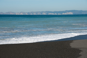 New Zealand, North Island, Napier, Hawke's Bay. Waterfront view of beach area in downtown Napier.