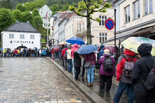 BERGEN, NORWAY - June 6, 2017: Waiting line at Vetrlidsalmenning, the lower terminus of Floibanen, an 850-meter-long electric cable funicular that pulls two wagons between Floyen and Bergen city cente