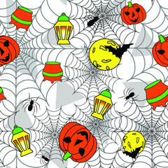 Halloween seamless vector ornament: witch's cauldron, orange pumpkin, lantern, moon, bat, spider web, spiders on light background