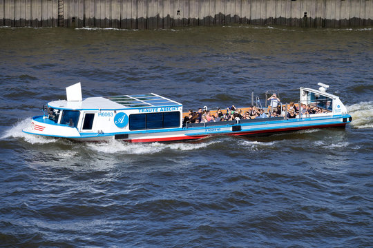 HAMBURG, GERMANY - June 4, 2017: TRAUTE ABICHT, luxury launch of Rainer Abicht Elbreederei on Hamburg harbor sightseeing tour.