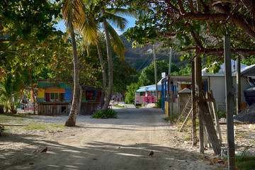 Fototapeta na wymiar British Virgin Islands, Jost Van Dyke. Main street heading into Great Harbour