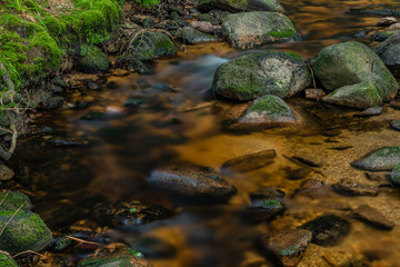 Fototapeta na wymiar Bystrina color creek in summer morning in Krusne mountains near Sokolov