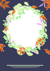 Oval light frame of flowers, branches, leaves and herbs on a dark background. Blank for cover