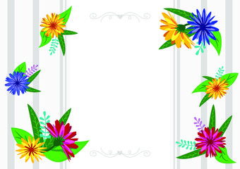 Vector template, blank pages or the cover of a photo album or a notebook with a bright multi-colored flowers on a gray striped background. In the center there is a place for photos, inscriptions