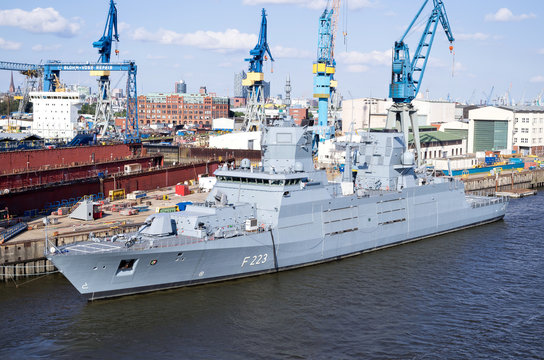HAMBURG, GERMANY - June 4, 2017: NORDRHEIN-WESTFALEN (F223) the second of four 125-class guided missile frigates for the German Navy, fitting out at Blohm+Voss shipyards.