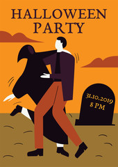 Halloween party invitation or greeting cards with dancing people traditional symbols. Men and women dressed in halloween costumes dancing at club or concert.  Flat vector illustration