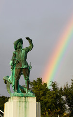 MARTINIQUE. French Antilles. West Indies. Fort-de-France. Rainbow & statue of Pierre Belain...