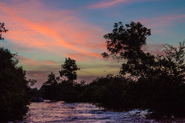 Fototapeta na wymiar Trinidad, Arima Valley, Asa Wright Nature Center. View of blue and purple sunset over water.