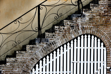 Christiansted, Saint Croix, US Virgin Islands. Architectural detail. Wooden Gate and Stair Rail.
