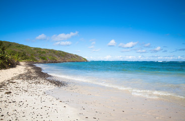 Obraz premium Vieques, Puerto Rico - Gentle waves are rolling up onto the white sands of a tropical beach.