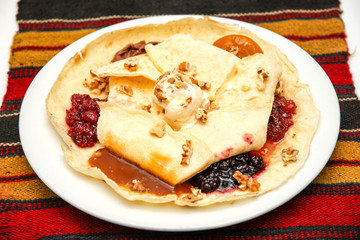 traditional pancakes with 6 different  jams