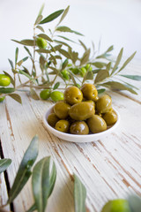 Fresh organic green olives on the white plate,olive branch with green olives,isolated,space for text