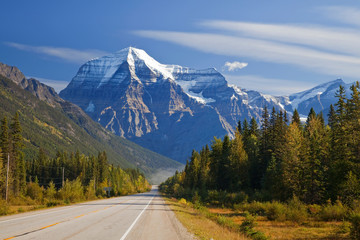 Canada, British Columbia, Mount Robson Provincial Park. Landscape of paved road running through...