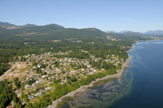 Canada, British Columbia, Aerial photo of Saltair with Ladysmith in the distance on the right