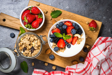 Fototapeta na wymiar Greek yogurt granola with fresh berries .