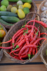 Canada, British Columbia, Salt Spring Island, Ganges. Red hot peppers in a basket, Salt Spring Island Saturday Market