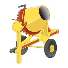 Yellow concrete mixer in cartoon style flat design on white background. Cement-mixer with tipping handle and black control box with red buttons. Vector realistic illustration of building equipment