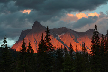 Sunset, alpenglow, from Kicking Horse River, Canadian Rockies, Yoho National Park, British...